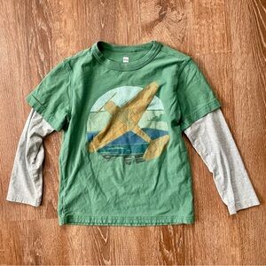 TEA Collection Airplane Green Gray Graphic Layered Long Sleeve Shirt Cotton 8